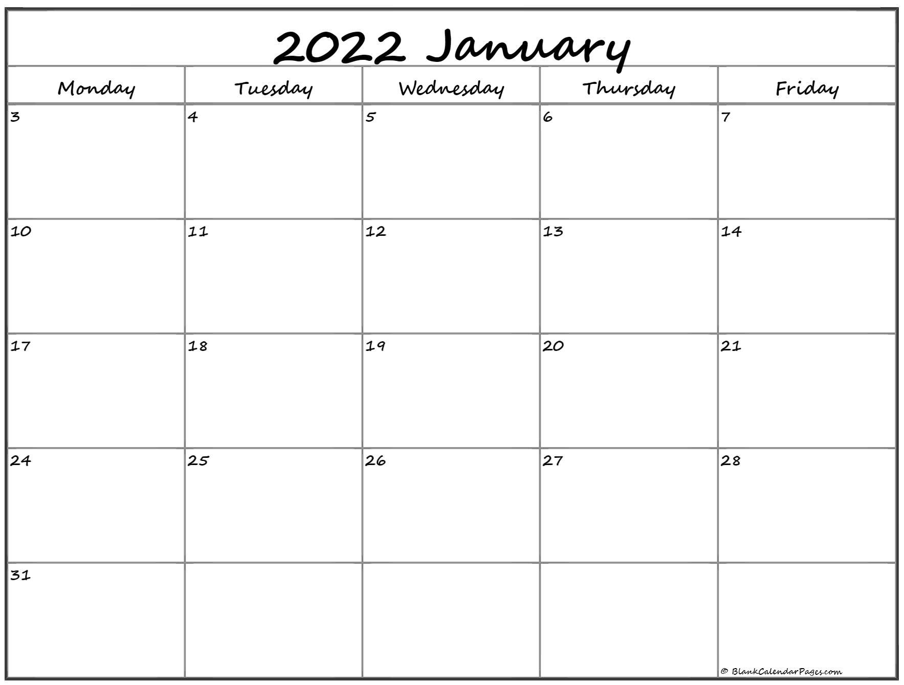 January 2022 Monday Calendar | Monday To Sunday-Monday To Friday August 2021 Calendar