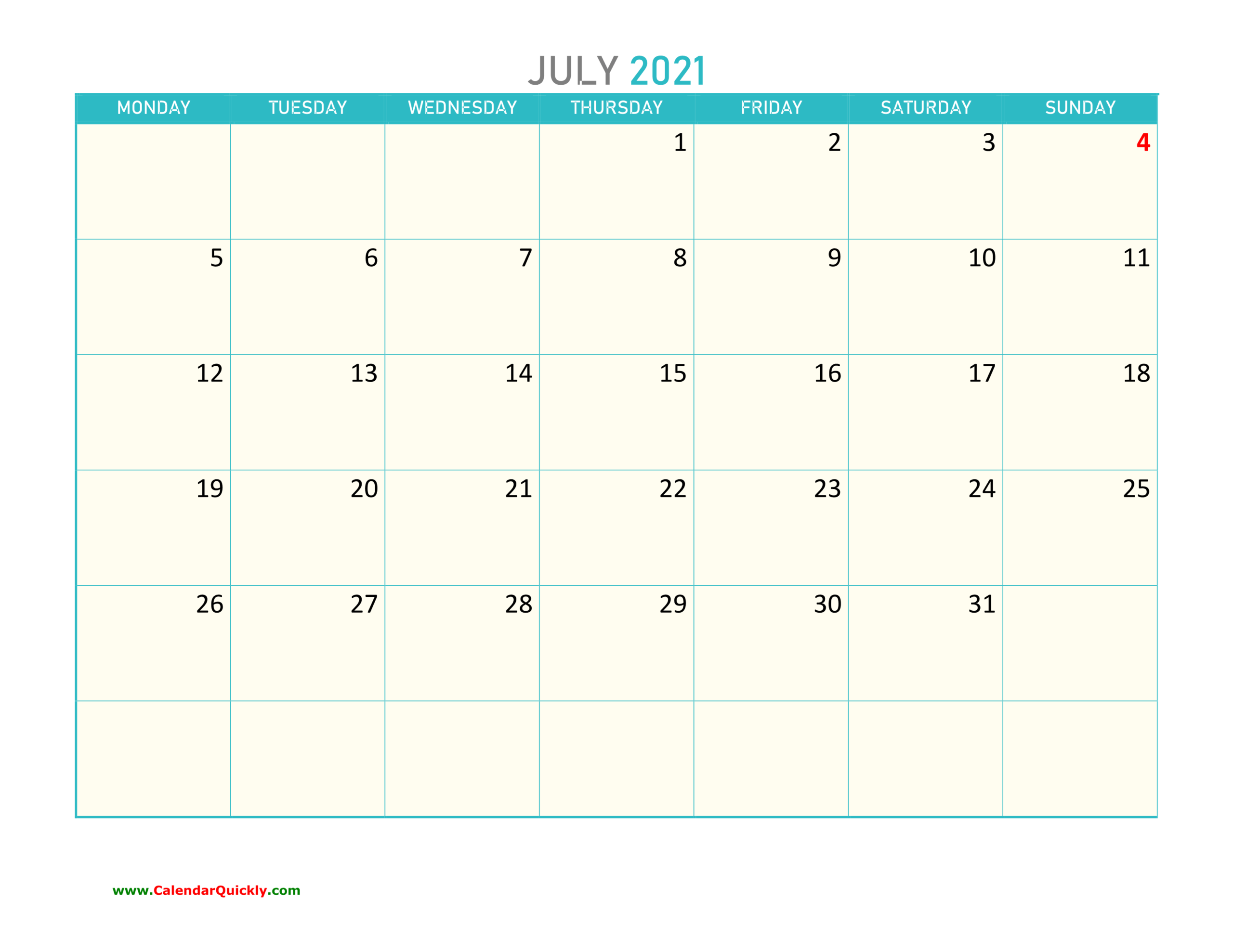 July Monday 2021 Calendar Printable | Calendar Quickly-Printable Monday - Friday July 2021