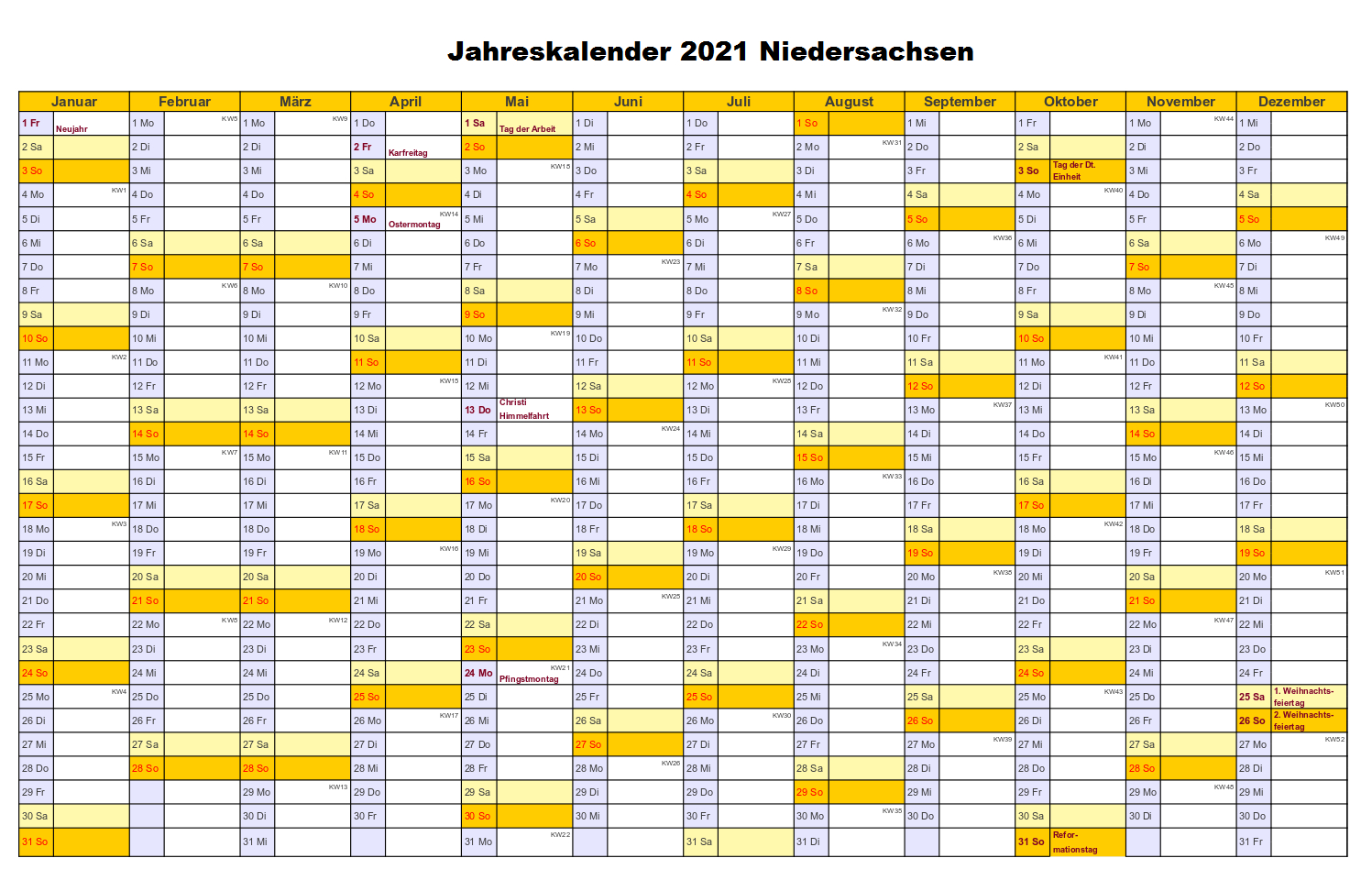 Kostenlos Druckbar Jahreskalender 2021 Niedersachsen-Kalender 2021 Planer Zum Ausdrucken