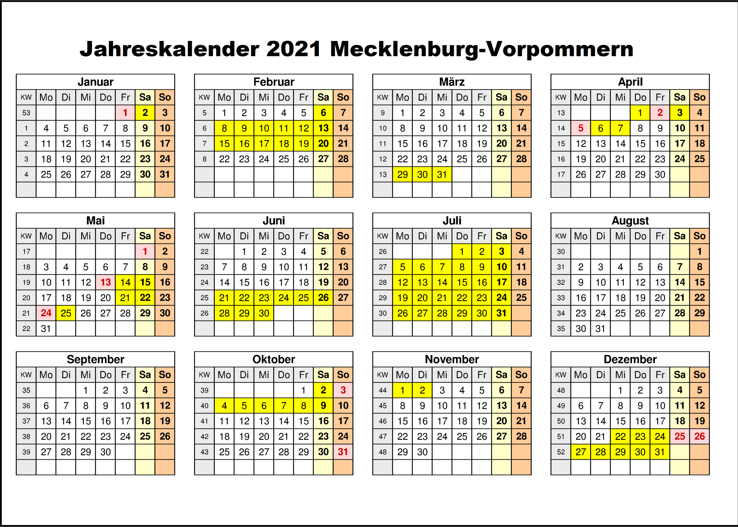 Kostenlos Jahreskalender 2021 Mecklenburg-Vorpommern Zum-Kalender 2021 Planer Zum Ausdrucken