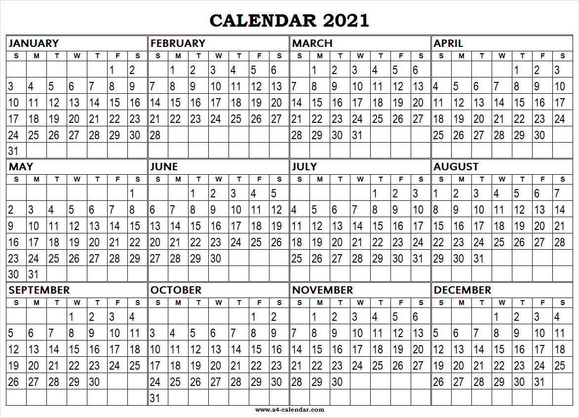 Large Printable 2021 Calendar - A4 Calendar-Free Printable Large Calendar 2021 Monthly