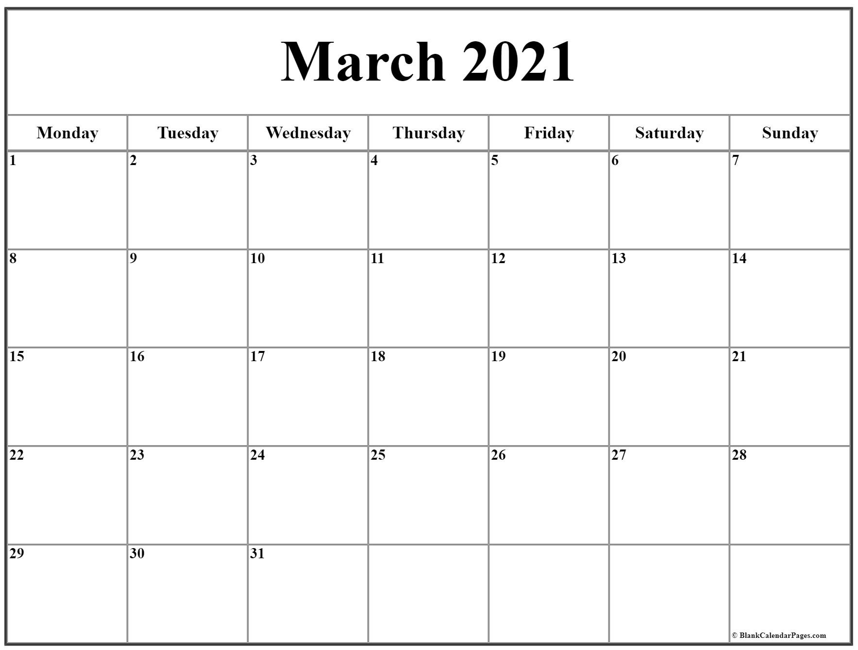 March 2021 Monday Calendar | Monday To Sunday-Calendar 2021 Sat Thru Sunday