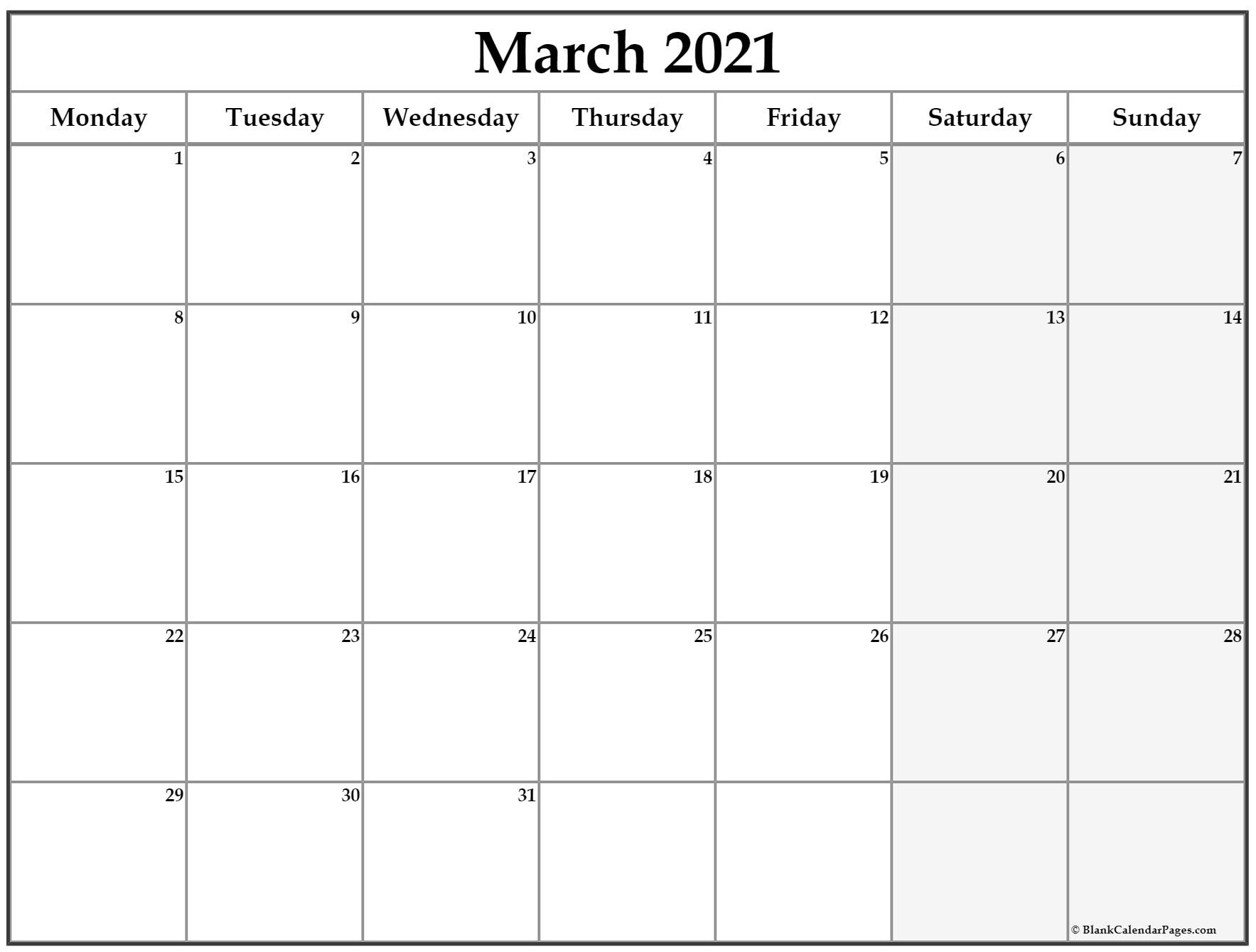 March 2021 Monday Calendar | Monday To Sunday-Monday To Friday August 2021 Calendar
