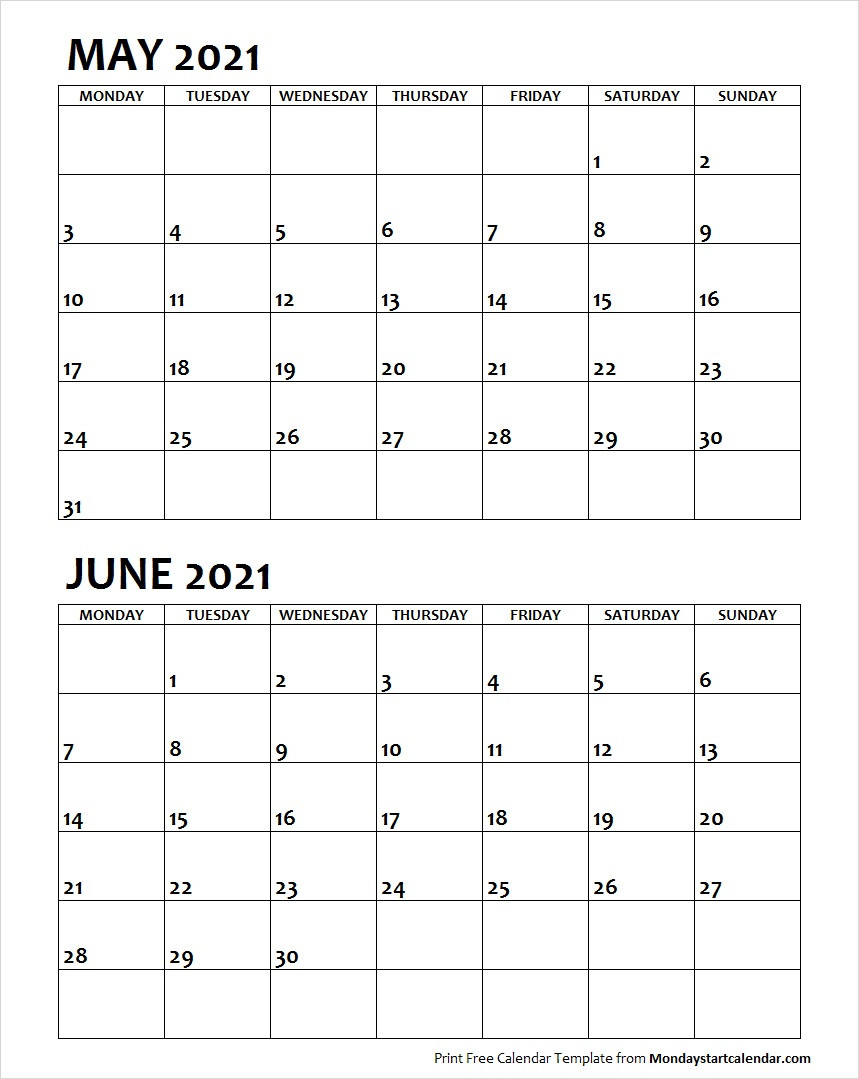 May June 2021 Calendar Monday Start | Editable Two Months-Free Sample Printable Blank Editable Calendar For Monday - Friday June 2021