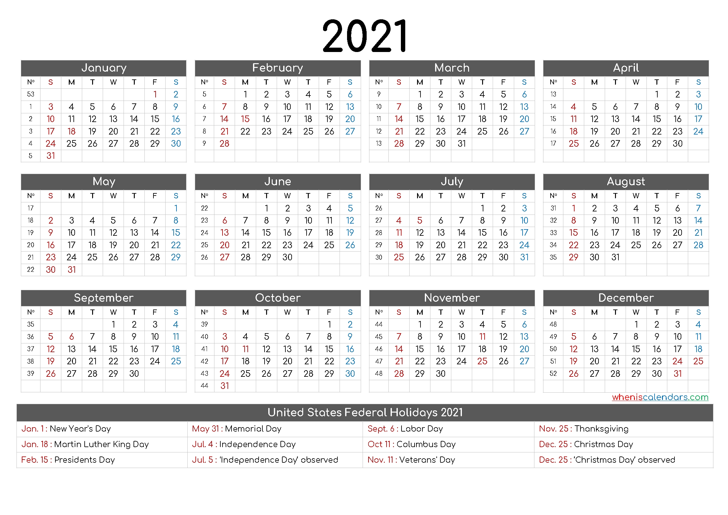 Monthly Calendar 2021 Printable Large | Calendar Template-12 Month 2021 Printable Calendar