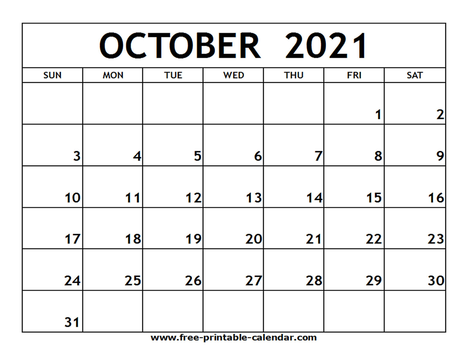October 2021 Calendar Free Printable | 2021 Printable-Free Blank Printable Monthly Calendar 2021