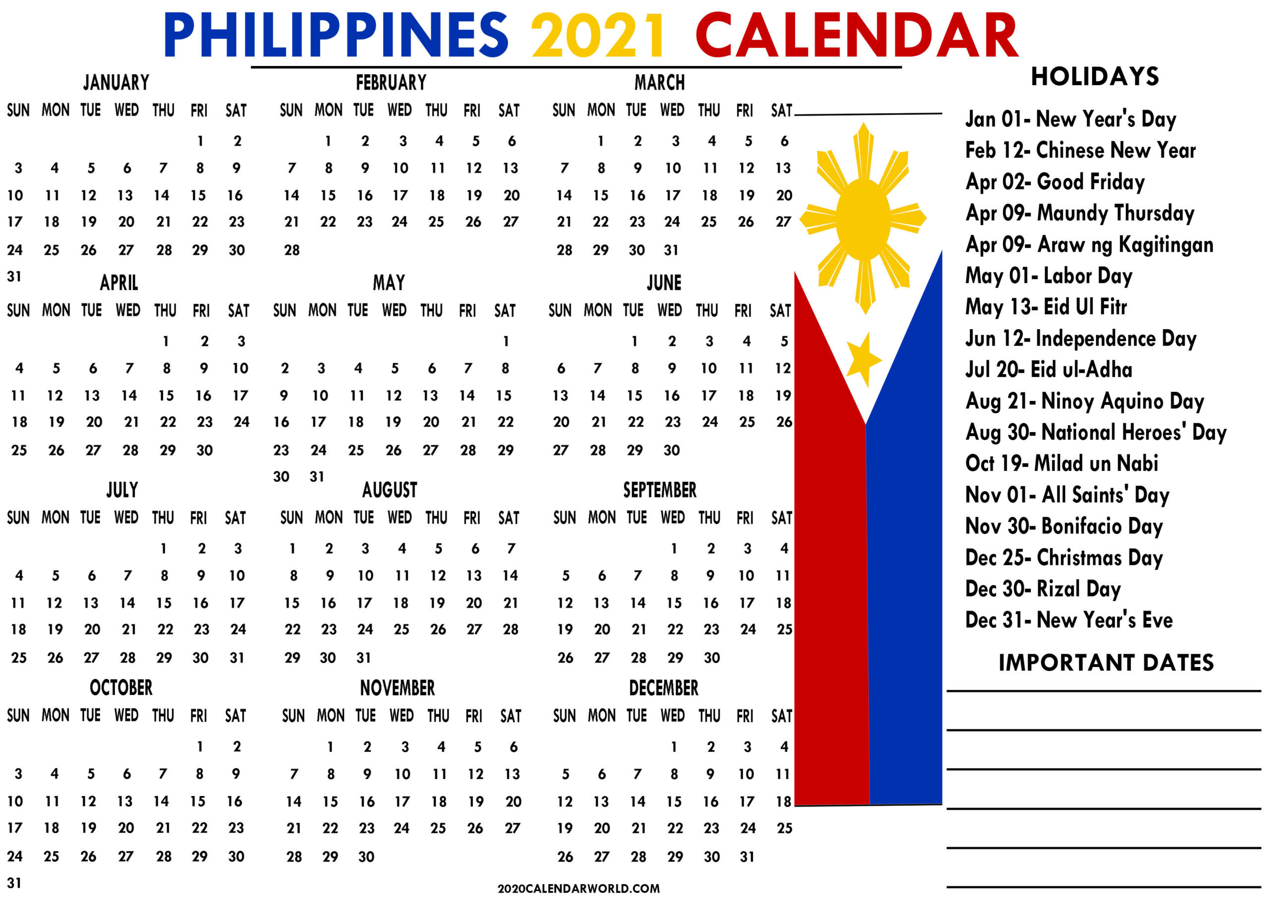 Philippines 2021 Calendar With Holidays Printable Templates-2021 Calendard For Vacation Schedule