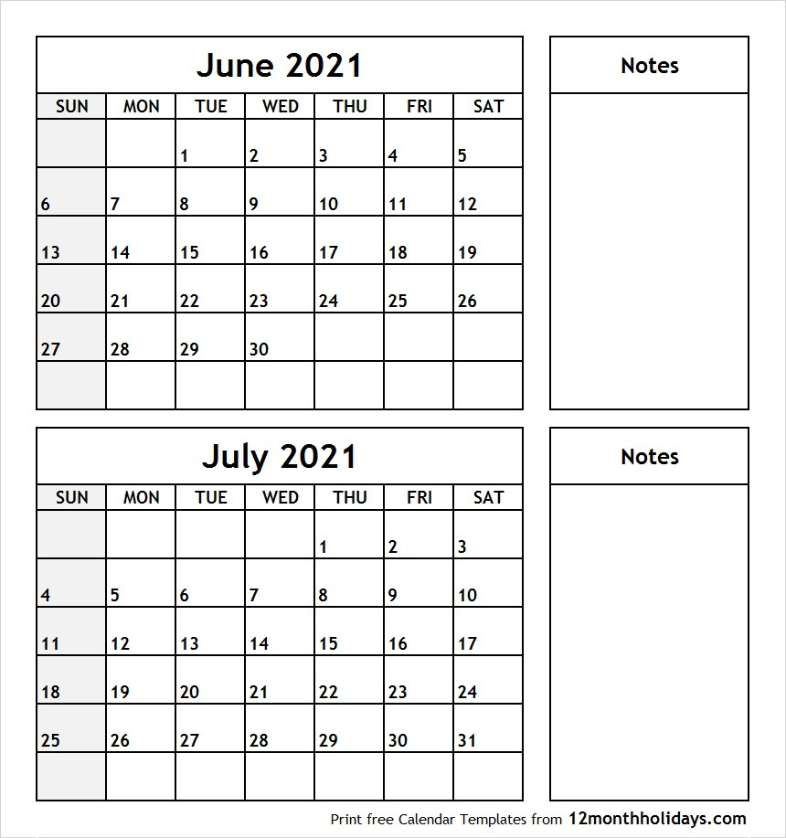 Print June July 2021 Calendar Template | 2 Month Calendar-2021 Printable 2 Page Monthly Calendar