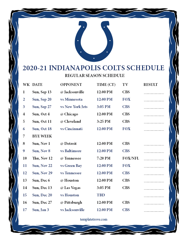 Printable 2020-2021 Indianapolis Colts Schedule-Printable 2021 Full Nfl Schedule