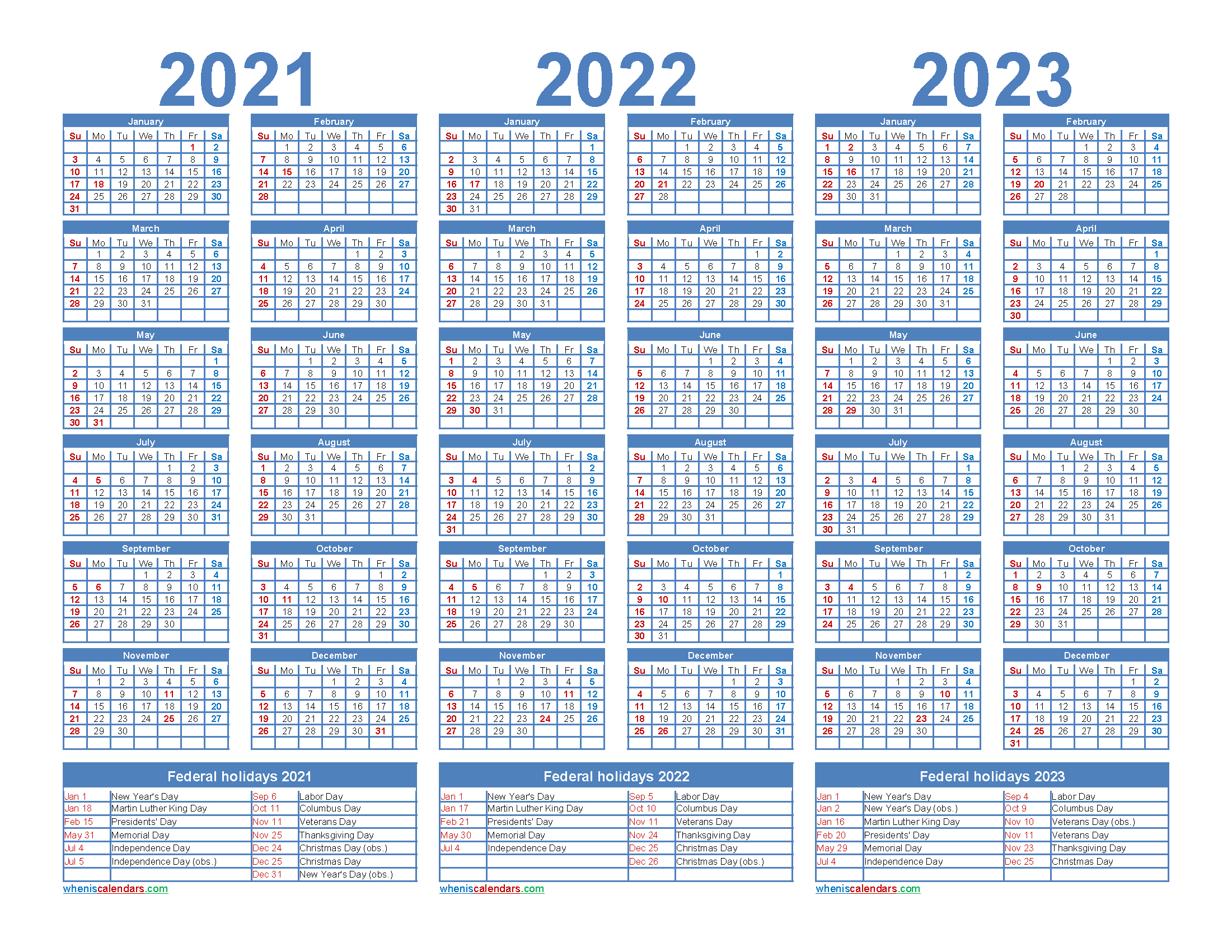 Printable 2021 2022 And 2023 Calendar With Holidays Word, Pdf-2021 2022 2023 Printable Calendar