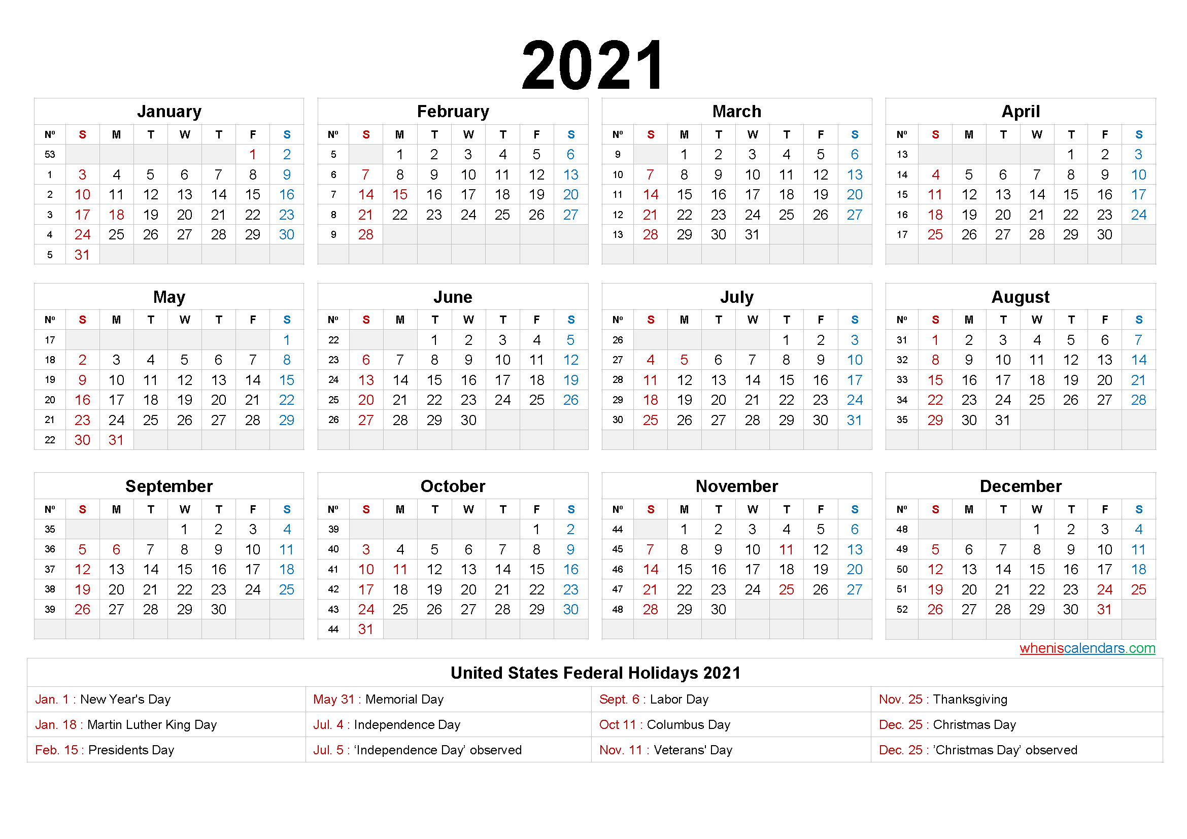 Printable 2021 Calendar One Page - 6 Templates - Free-2 Page Printable Yearly Calendar Template 2021