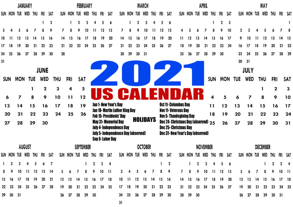 Printable 2021 Us Calendar With Holidays, Federal, Bank-2021 Calendard For Vacation Schedule