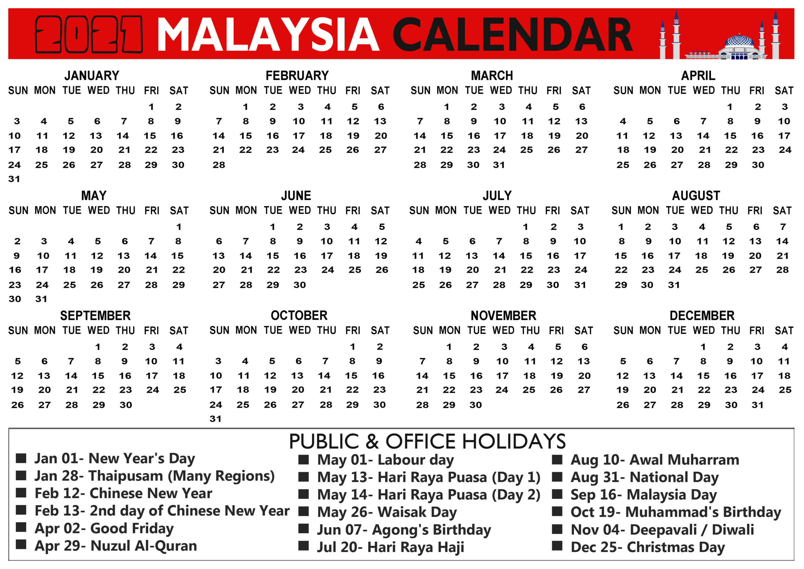 Printable Malaysia 2021 Calendar With Holidays &amp; Observation-2021 Calendard For Vacation Schedule