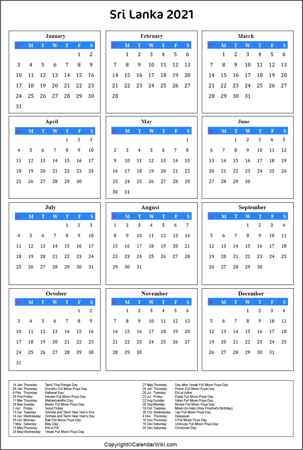 Printable Srilanka Calendar 2021 With Holidays [Public-Mercantil Holidays For 2021 Sri Lanka