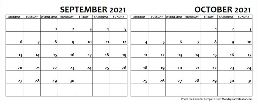 September October 2021 Calendar Monday Start | Two Months Template-October Monday Thru Friday Calendar 2021