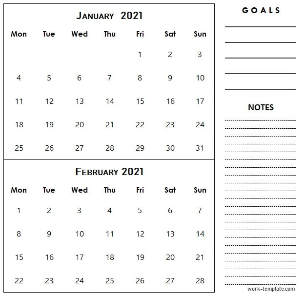 Two Month January February 2021 Calendar Template With-National Food Days 2021 Printable