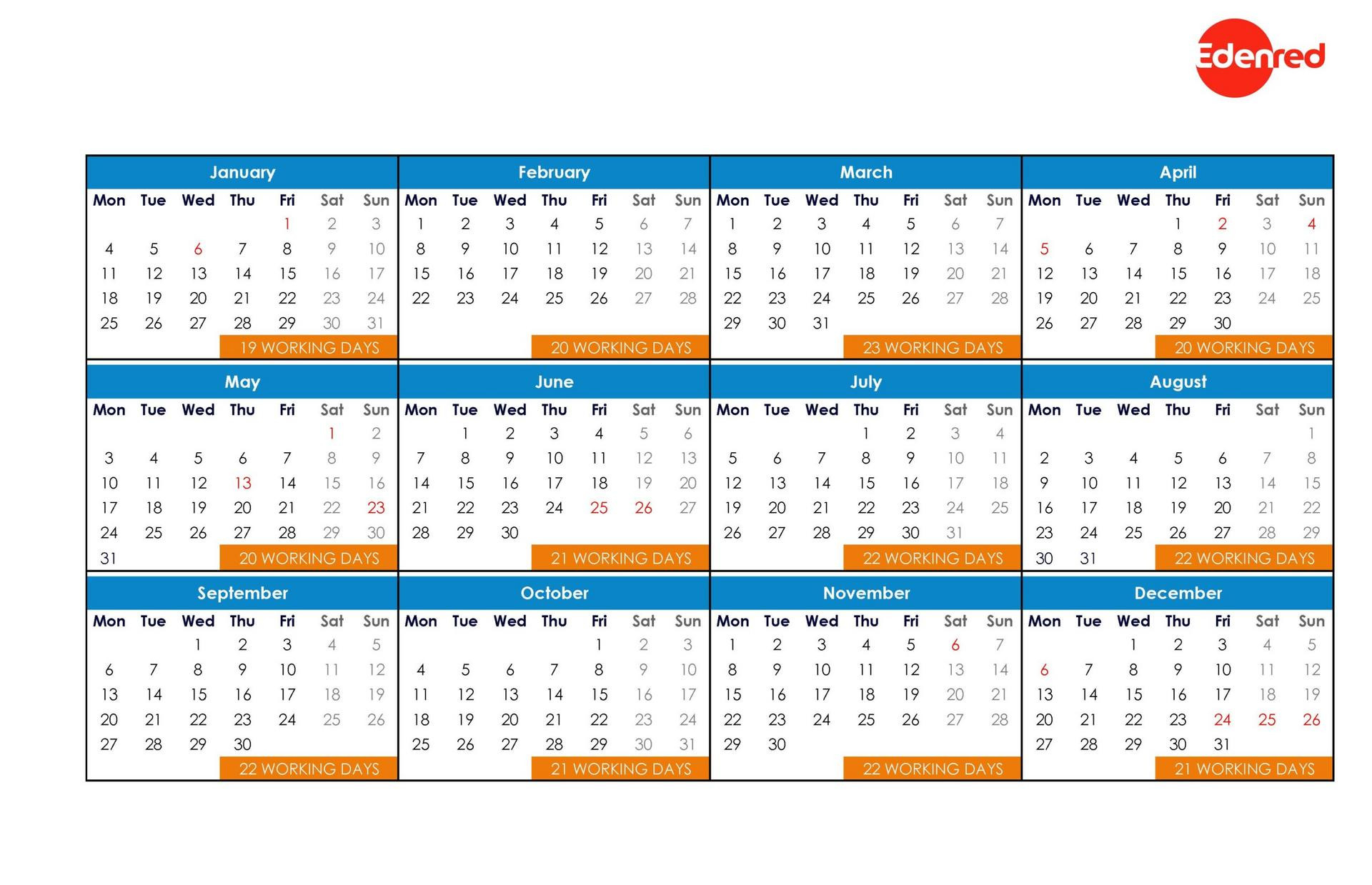 Working Day Calendar 2021 - Edenred-Day To Day Calendar 2021