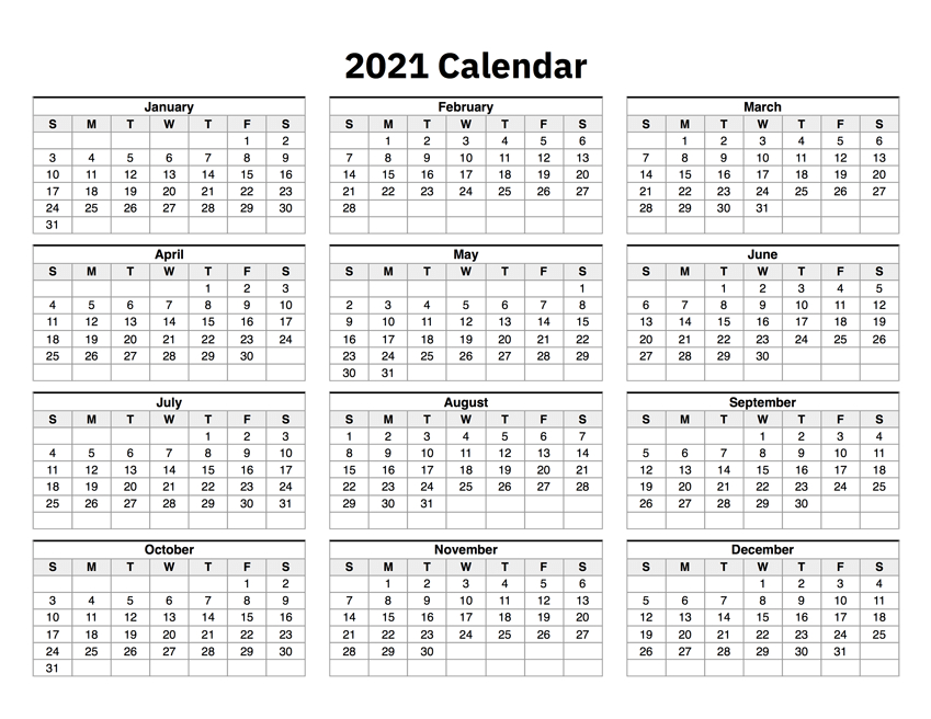 Yearly 2021 Calendar - Free 12 Month 2021 Calendar Printable-12 Month Calendar 2021 Printable Free