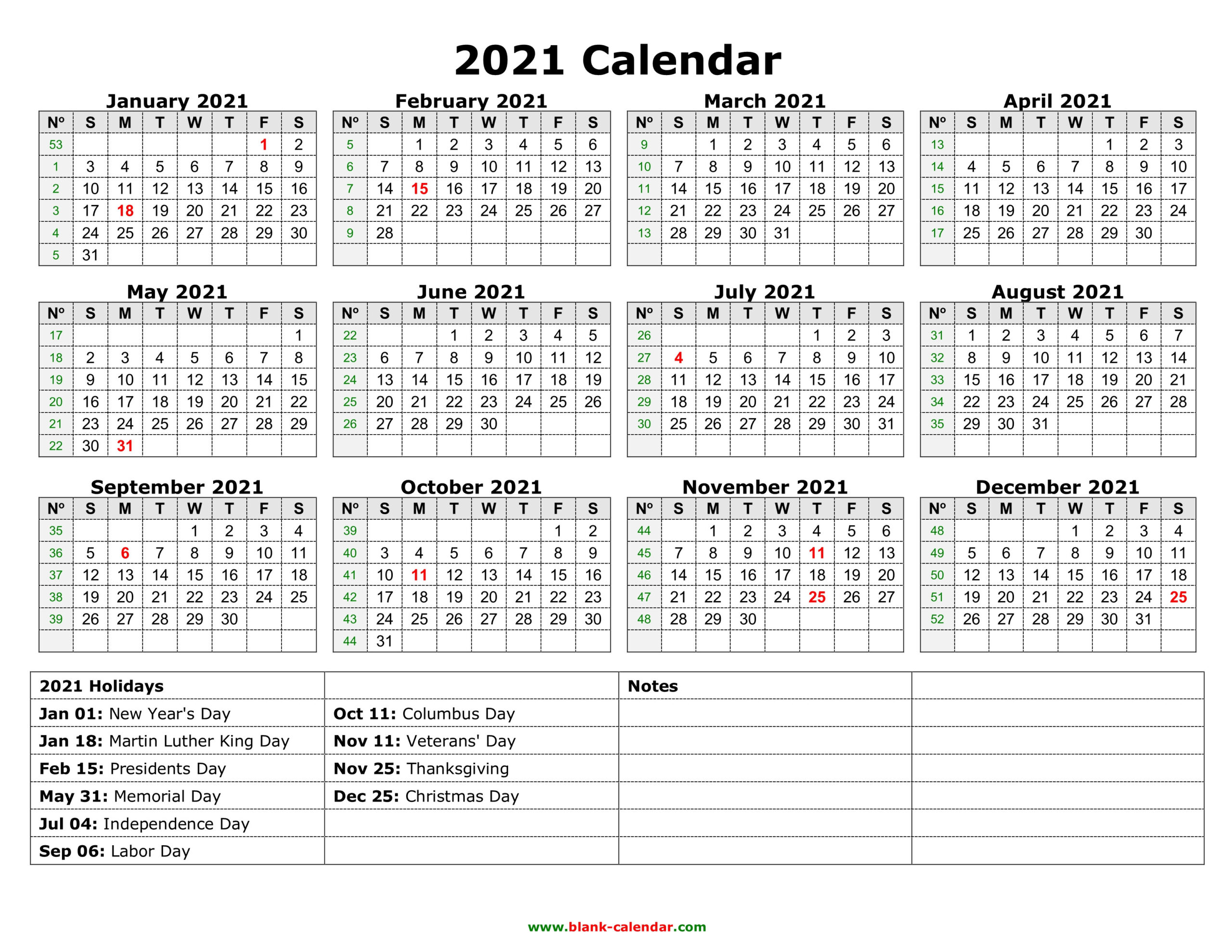 Yearly Calendar 2021 | Free Download And Print-Excel Vacation Calendar Template 2021