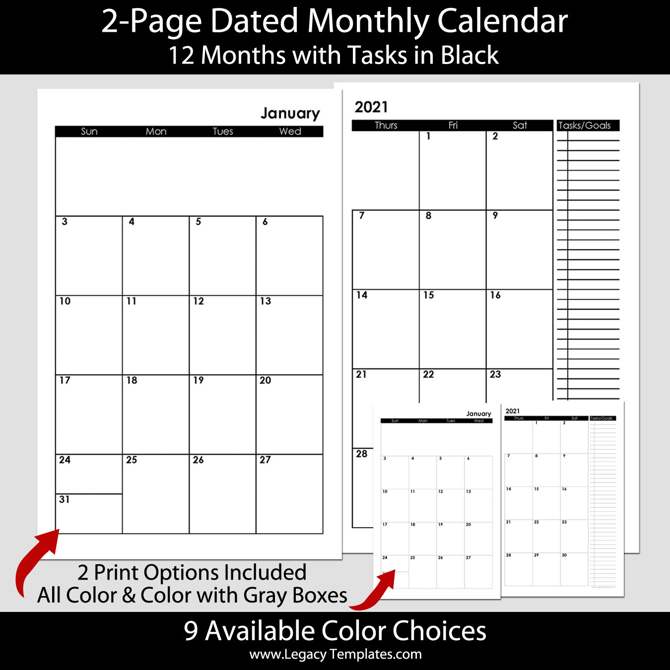 2-Page Dated Monthly Calendar In Black 5.5 X 8.5 | Legacy-4 4 5 Calendar Template
