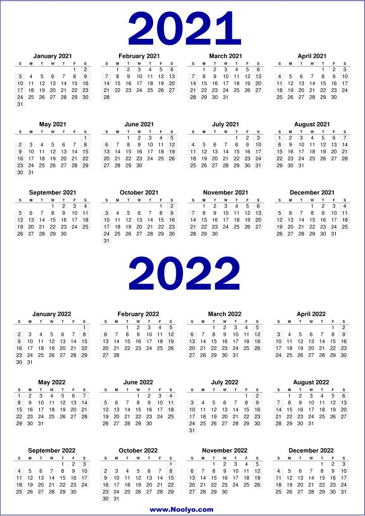 2 Year 2021 And 2022 Calendar Printable - Noolyo-2021 Yearly 2 Page Calendar