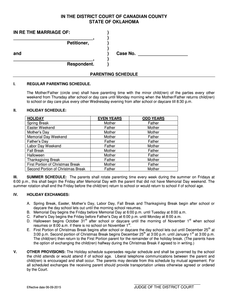 2015-2021 Form Ok Parenting Schedule - Canadian County-2021 Vacation Schedule Forms