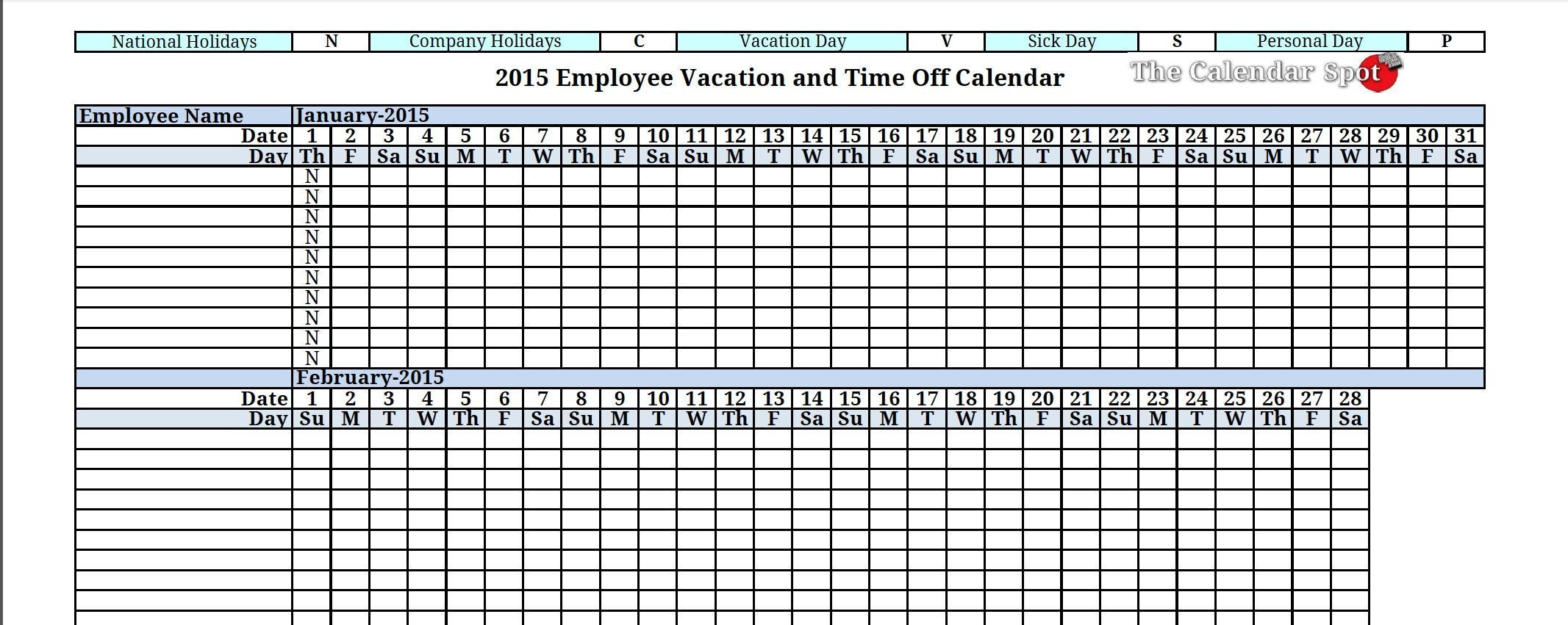 2015 Employee Vacation Absence Tracking Calendar, #Absence-Employee Vacation Calendar Excel 2021