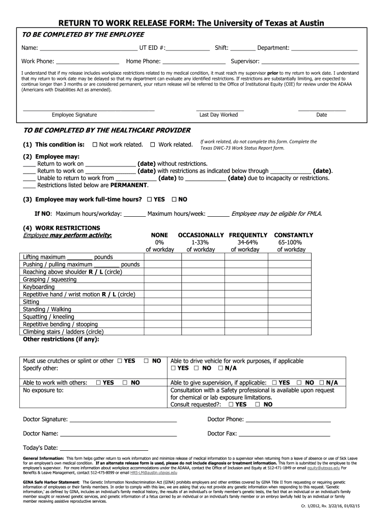 2016-2021 Ut Return To Work Release Form Fill Online-Printable 2021 Vacation Forms