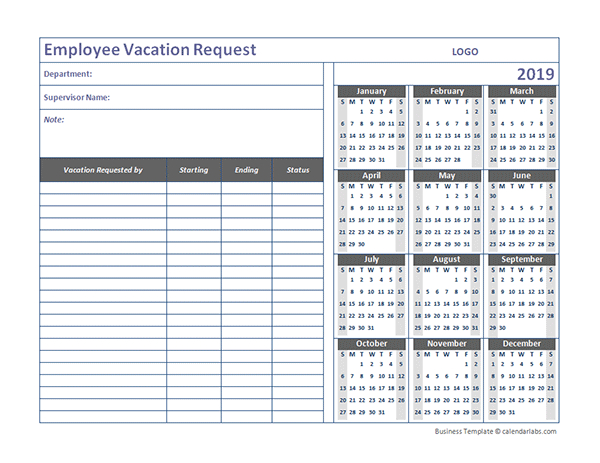 2019 Business Employee Vacation Request - Free Printable-Excel Calendar Template For Vacations 2021