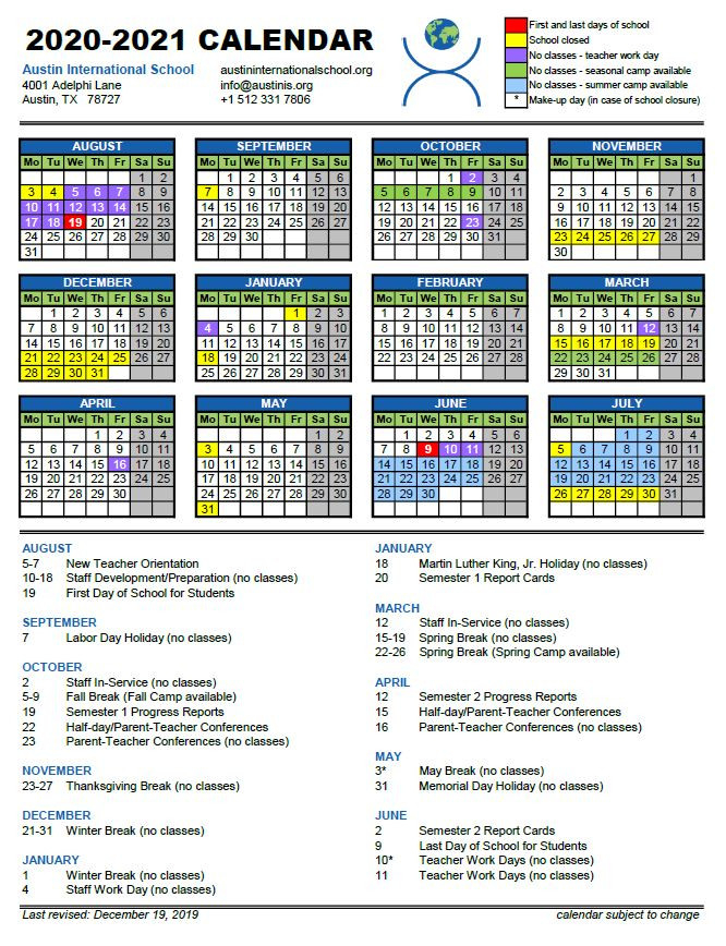 2020-2021 Calendar - Austin International School-International School Holidays 2021 Malaysia