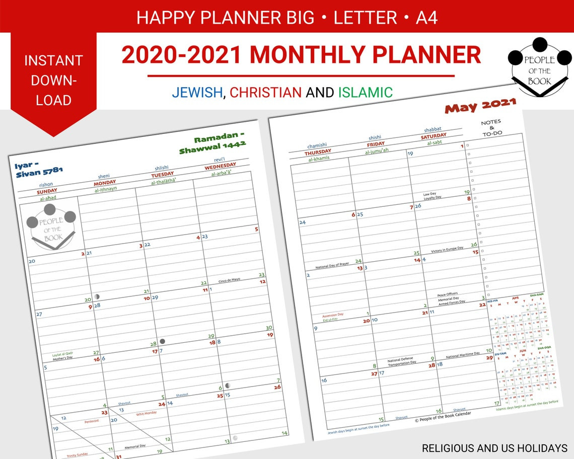 2020-2021 Monthly People Of The Book Calendar Lined Two-2021 Two Page Calendar