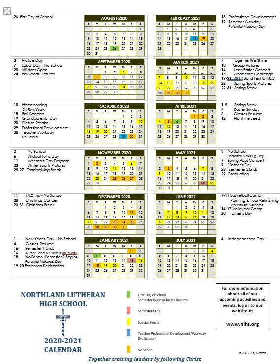 2020-2021 School Calendar - Northland Lutheran High School-International School Holidays For 2021