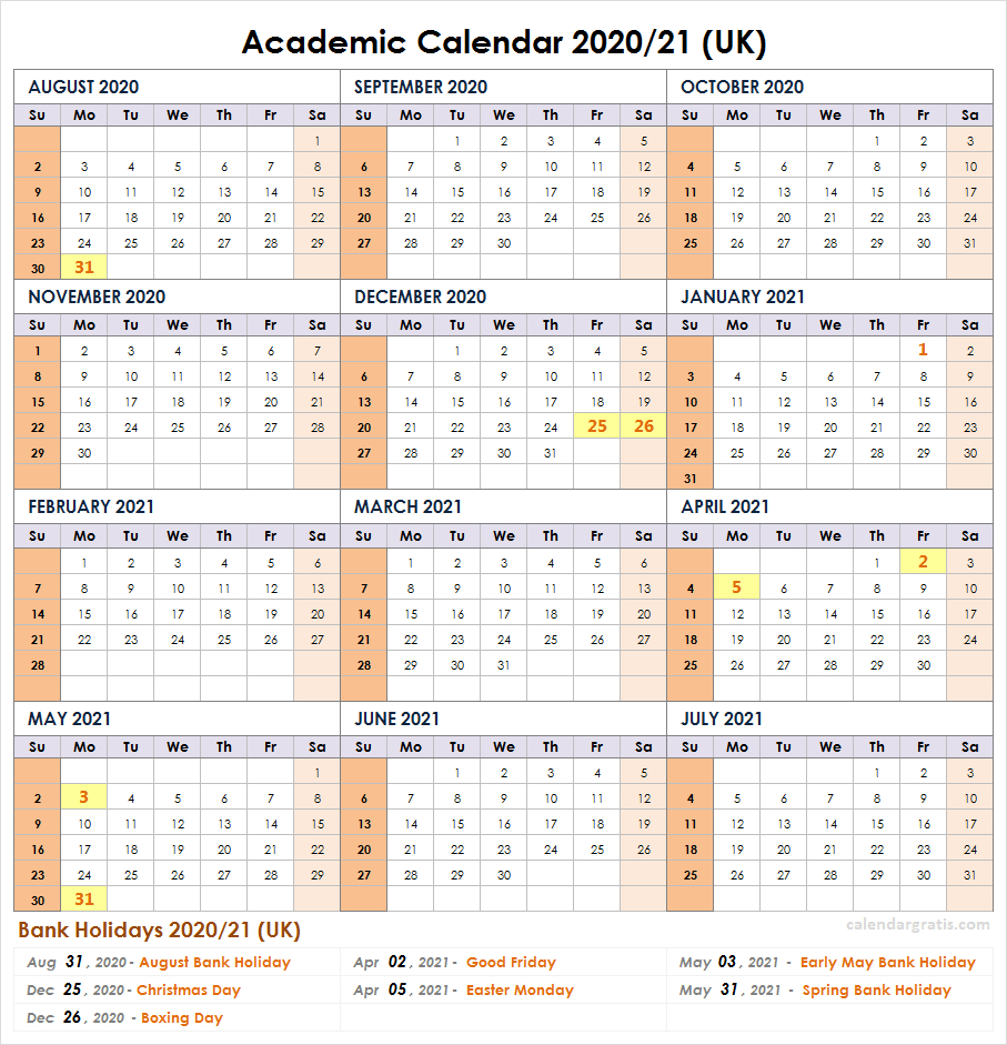 2020-2021 School Calendar Template | Academic Calendar-Bank Holiday Europe Calendar 2021