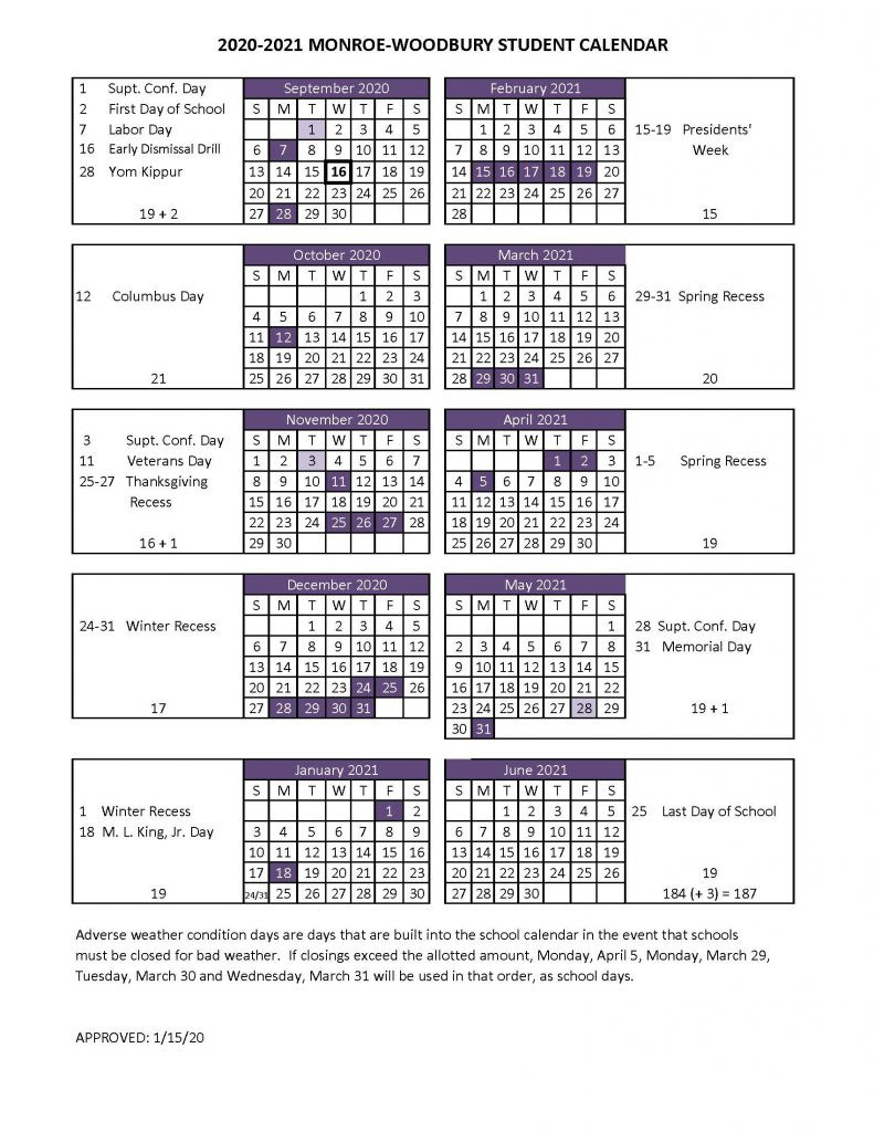 2020-2021 Student Calendar : Monroe-Woodbury Central-Sarawak School Calendar 2021