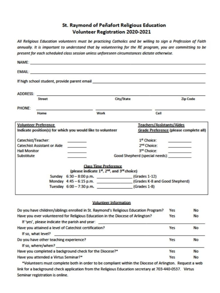 2020-21 Religious Education Volunteer Registration Form-2021 I 9 Printable Form