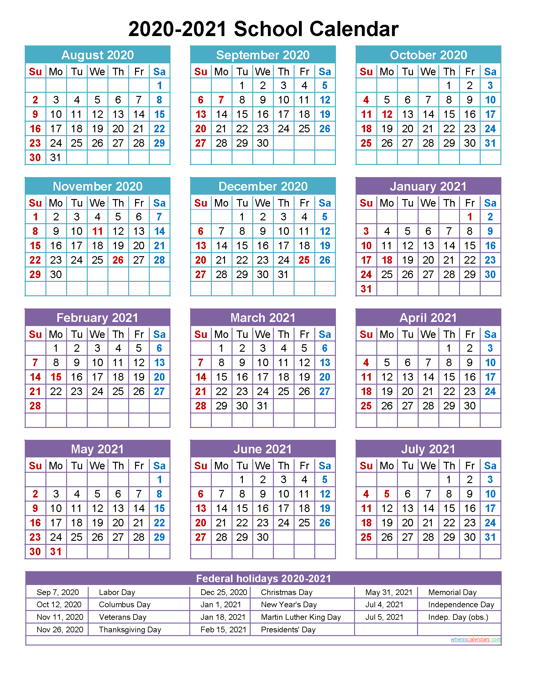 2020 And 2021 School Calendar Printable (Portrait-2 Page 2021 Calendar Template