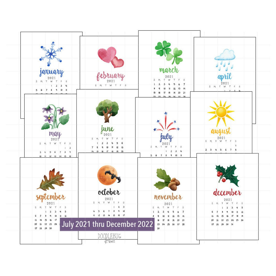 2021-2022 Seasonal Mini Calendars 18 Mo Printable Pdf 5X7-4X6 2021 Calendar Free