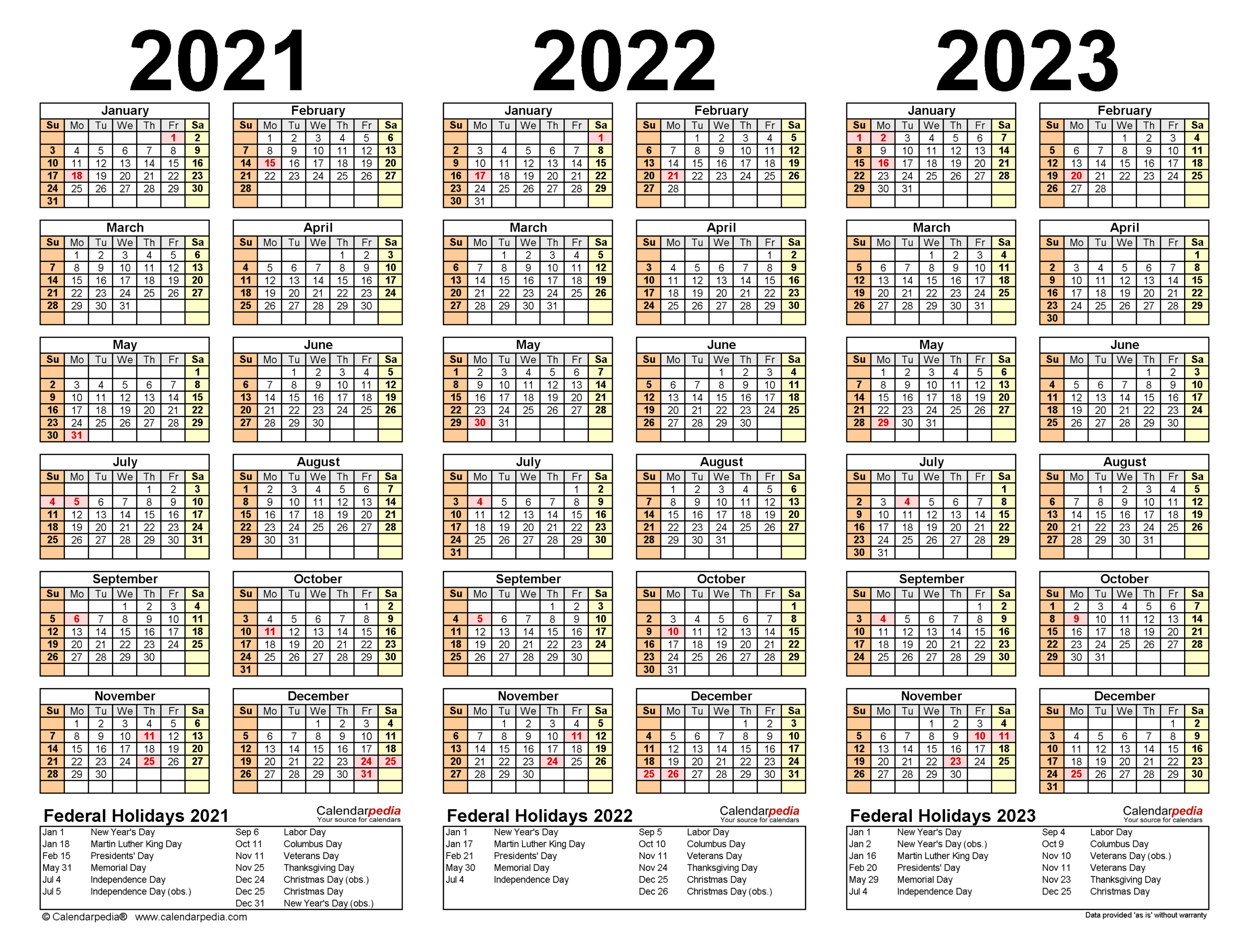 2021-2023 Three Year Calendar - Free Printable Word-Three Year Calendar 2021-2023