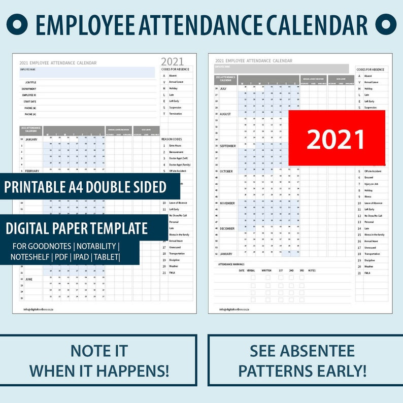 2021 A4 Printable Employee Attendance Absentee | Etsy-2021 Attendance Calendar Template