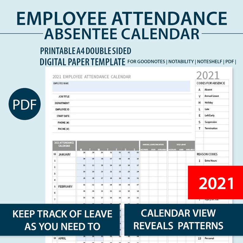 2021 A4 Printable Employee Attendance Absentee | Etsy-Printable Employee Calendar 2021