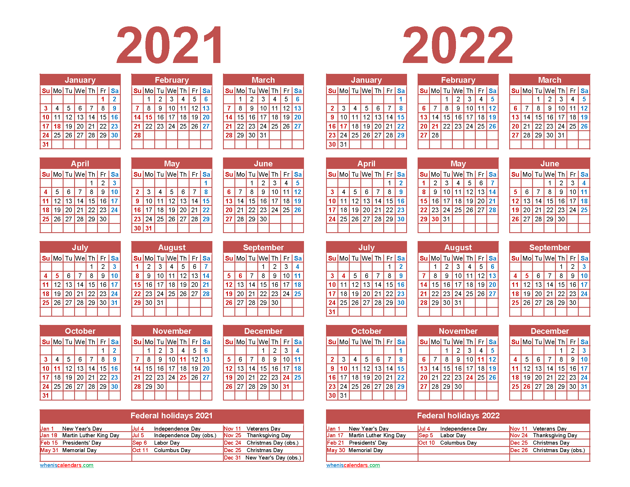 2021 And 2022 Calendar Printable With Holidays | Free-2021 Federal Holiday Calendar Printable