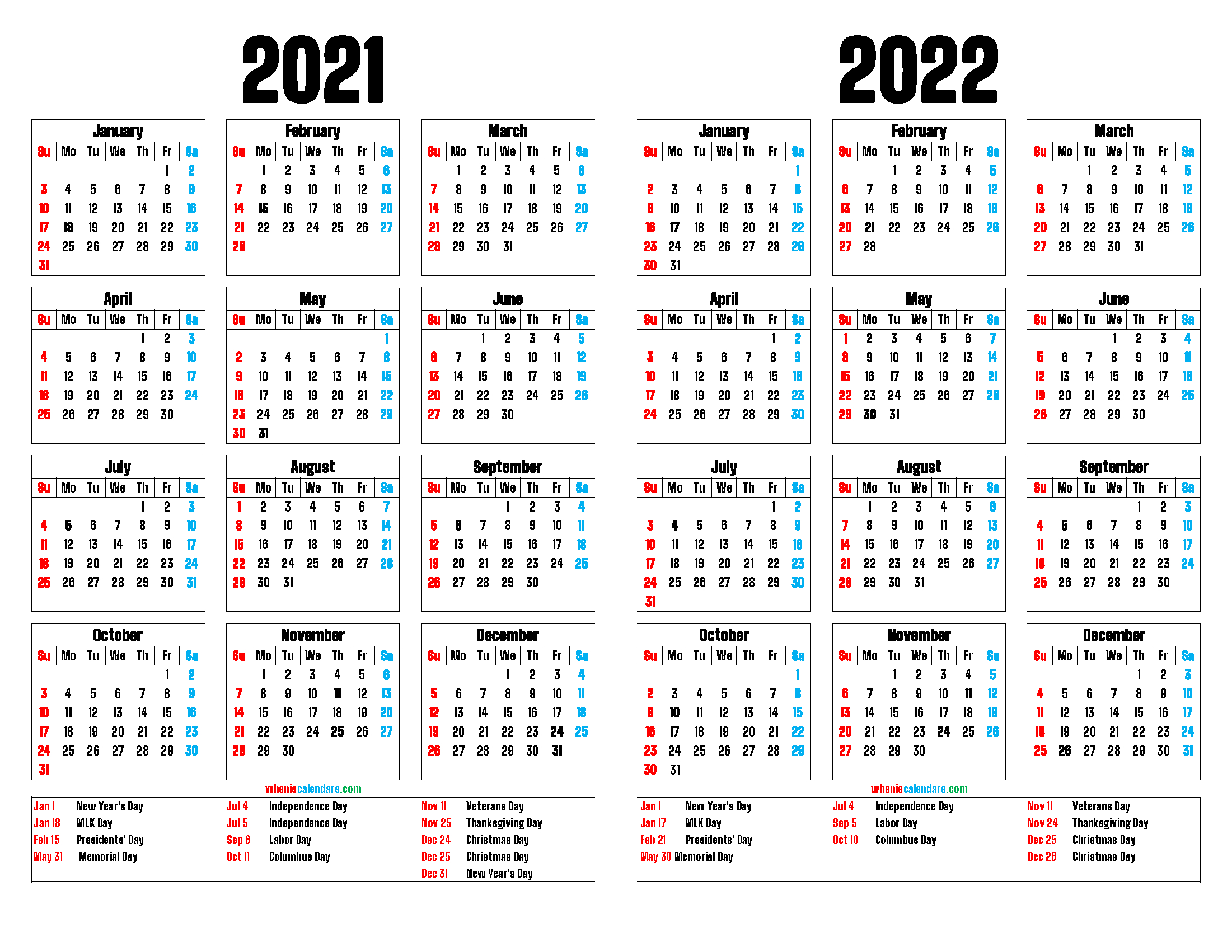 2021 And 2022 Printable Two Year Calendar (12 Templates-2021 Yearly 2 Page Calendar