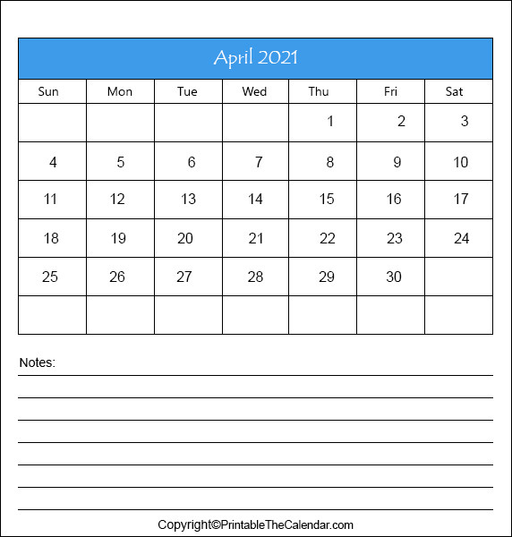 2021 April Blank Calendar With Notes | Printable The Calendar-Blank April 2021 Calendar
