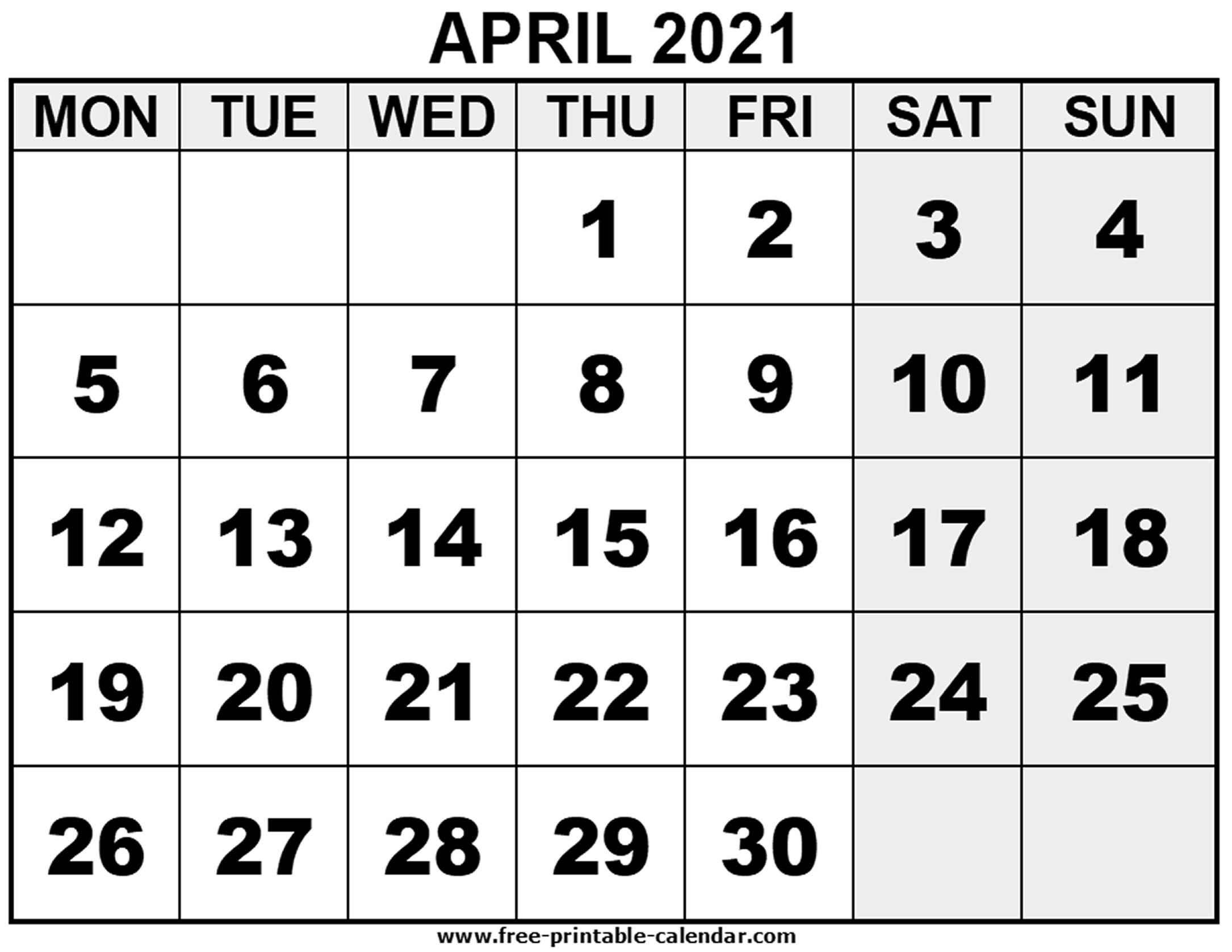 2021 April - Free-Printable-Calendar-Printable Calendar 2021 Large Font