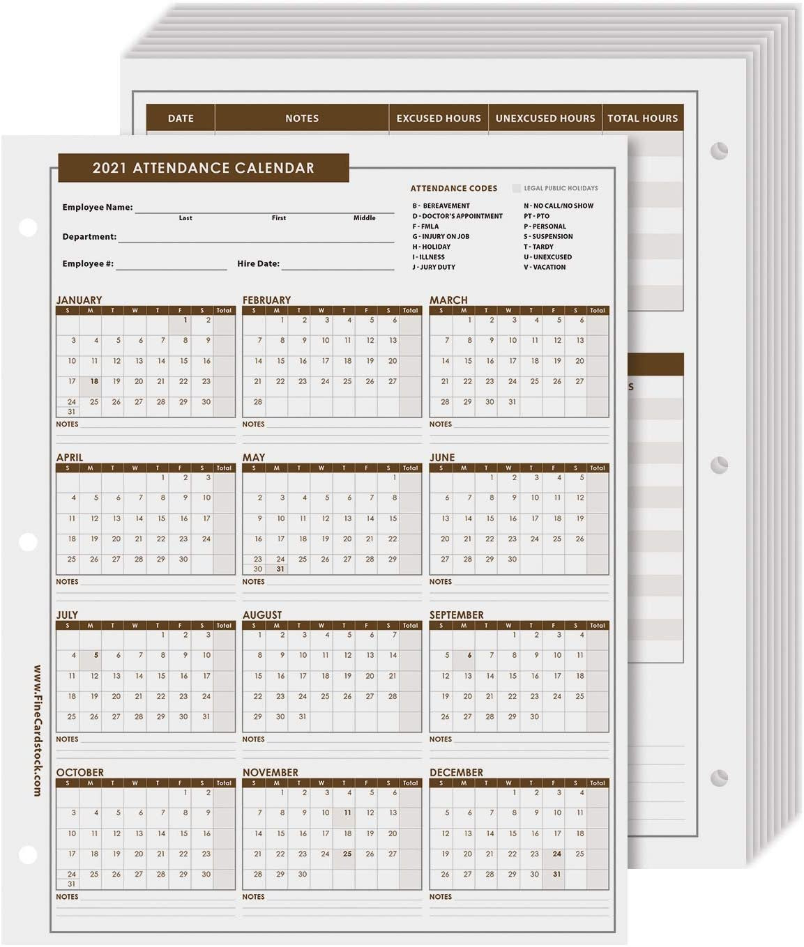 2021 Attendance Calendar Card Stock Paper - Great Employee-2021 Attendance Tracker