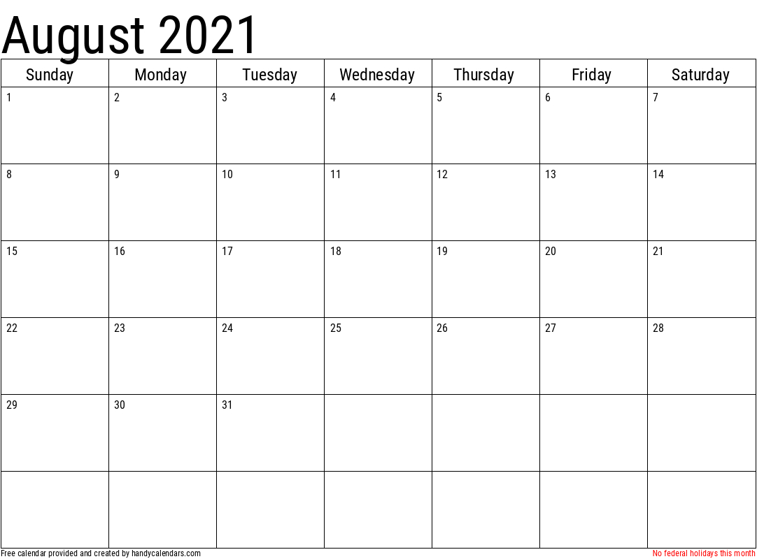 2021 August Calendars - Handy Calendars-August 2021 Calendar