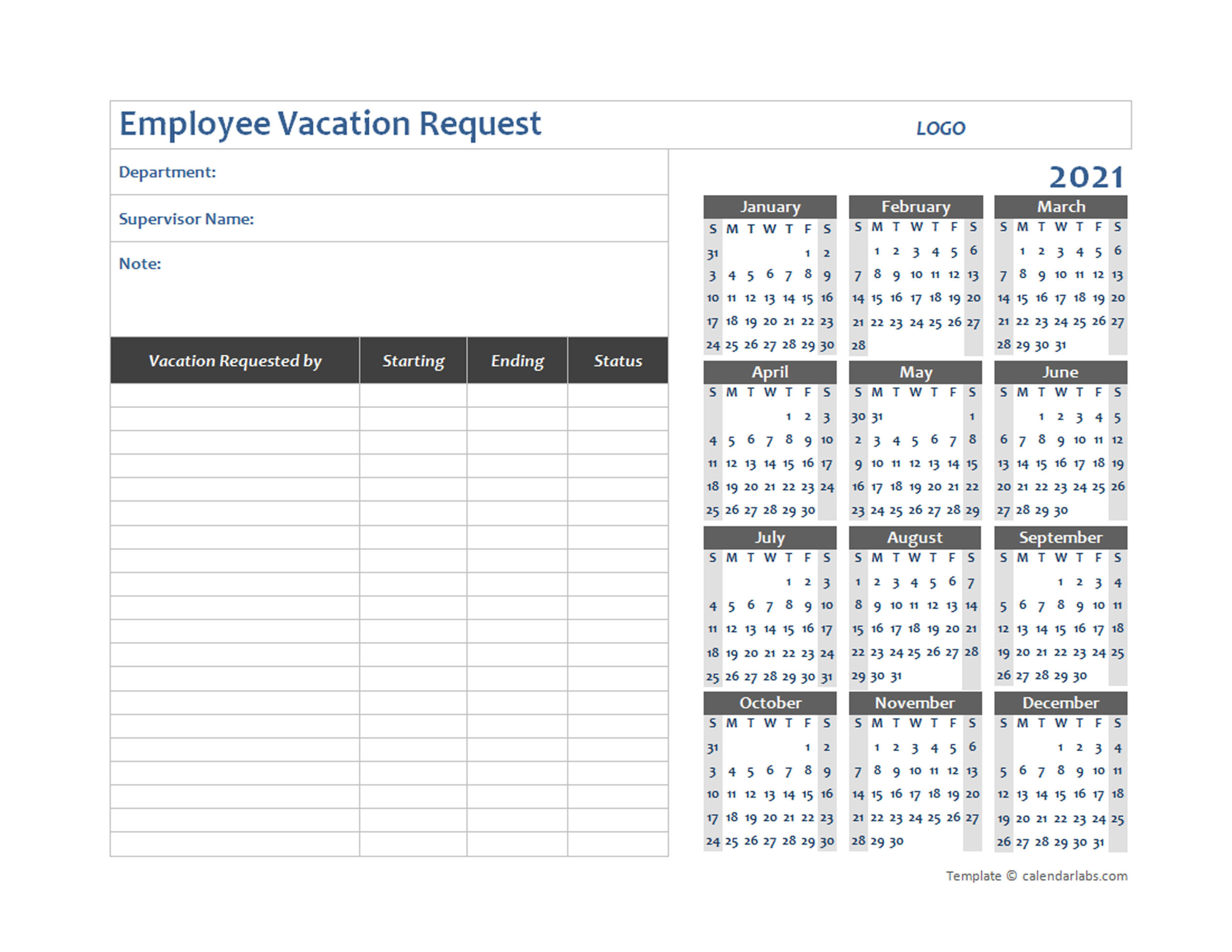 2021 Business Employee Vacation Request - Free Printable-2021 Employee Vacation Calendar Excel