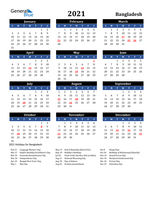 2021 Calendar - Bangladesh With Holidays-2021 Vacation Schedule Calendar