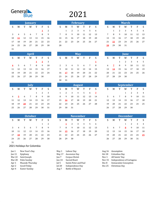 2021 Calendar - Colombia With Holidays-2021 Printable Holidays List