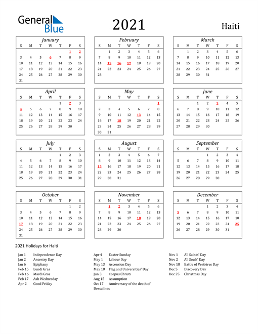 2021 Calendar - Haiti With Holidays-2021 Vacation Calendar Template Excel